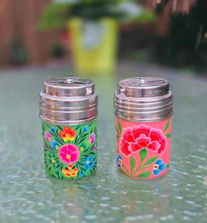 Duo de Saupoudreuse peinte à la main - Vert & Rose