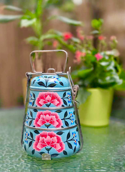 Lunchbox indienne typique à 3 étages peinte à la main - Bleu clair