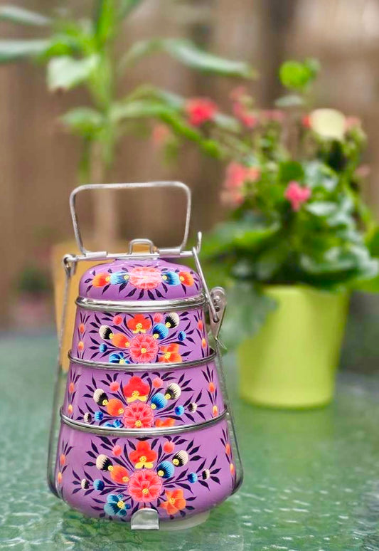 Lunchbox indienne typique à 3 étages peinte à la main - Mauve