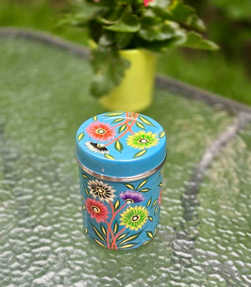 Grande boîte de conservation peinte à la main - Bleu florale