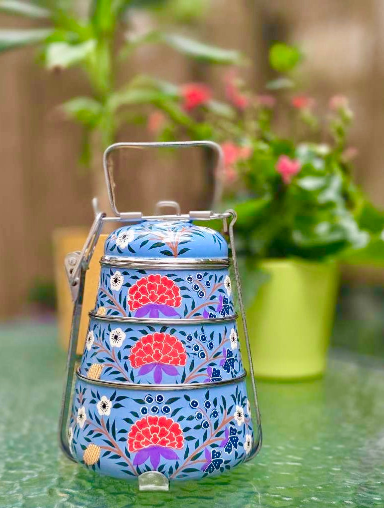 Lunchbox indienne typique à 3 étages peinte à la main - Bleu